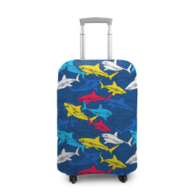 Чехол для чемодана 3D с принтом Акулы в Новосибирске, 86% полиэфир, 14% спандекс | двустороннее нанесение принта, прорези для ручек и колес | blue | drawin | fashion | fish | illustration | ocean | predator | red | sea | sharks | style | water | yellow | youth | акулы | вода | графика | жёлтый | иллюстрация | картинка | красный | мода | молодежная | море | океан | рисунок | рыба | син