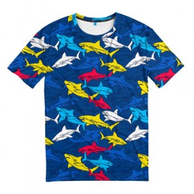 Мужская футболка 3D с принтом Акулы в Новосибирске, 100% полиэфир | прямой крой, круглый вырез горловины, длина до линии бедер | blue | drawin | fashion | fish | illustration | ocean | predator | red | sea | sharks | style | water | yellow | youth | акулы | вода | графика | жёлтый | иллюстрация | картинка | красный | мода | молодежная | море | океан | рисунок | рыба | син