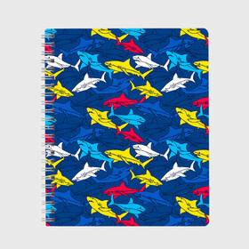 Тетрадь с принтом Акулы в Новосибирске, 100% бумага | 48 листов, плотность листов — 60 г/м2, плотность картонной обложки — 250 г/м2. Листы скреплены сбоку удобной пружинной спиралью. Уголки страниц и обложки скругленные. Цвет линий — светло-серый
 | blue | drawin | fashion | fish | illustration | ocean | predator | red | sea | sharks | style | water | yellow | youth | акулы | вода | графика | жёлтый | иллюстрация | картинка | красный | мода | молодежная | море | океан | рисунок | рыба | син