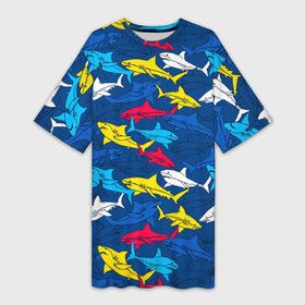 Платье-футболка 3D с принтом Акулы в Новосибирске,  |  | blue | drawin | fashion | fish | illustration | ocean | predator | red | sea | sharks | style | water | yellow | youth | акулы | вода | графика | жёлтый | иллюстрация | картинка | красный | мода | молодежная | море | океан | рисунок | рыба | син