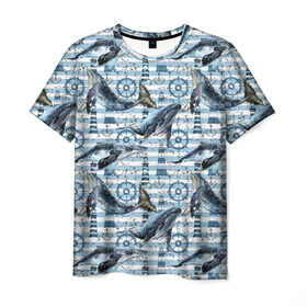 Мужская футболка 3D с принтом Киты в Новосибирске, 100% полиэфир | прямой крой, круглый вырез горловины, длина до линии бедер | animals | lighthouse | ocean | s | sea | steering wheel | vest | water | whales | вода | графика | животные | иллюстрация | картинка | киты | маяк | мода | молодежная | море | океан | полосы | рисунок | синий | стиль | тельняшка | фон