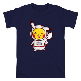 Мужская футболка хлопок с принтом Pikachu Astronaut в Новосибирске, 100% хлопок | прямой крой, круглый вырез горловины, длина до линии бедер, слегка спущенное плечо. | Тематика изображения на принте: 