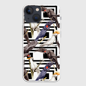 Чехол для iPhone 13 mini с принтом Попугаи какаду в Новосибирске,  |  | birds | bri | cockatoo | exotic | jungle | palm | parrots | tropical | акварель | геометрический | графика | джунгли | иллюстрация | картинка | мода | молодежная | орнамент | пальмы | попугаи | птицы | рисунок | стиль