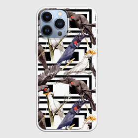 Чехол для iPhone 13 Pro Max с принтом Попугаи какаду в Новосибирске,  |  | Тематика изображения на принте: birds | bri | cockatoo | exotic | jungle | palm | parrots | tropical | акварель | геометрический | графика | джунгли | иллюстрация | картинка | мода | молодежная | орнамент | пальмы | попугаи | птицы | рисунок | стиль
