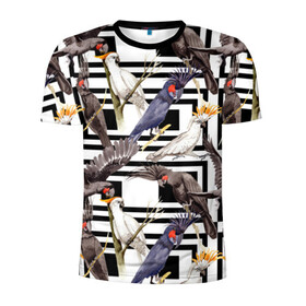 Мужская футболка 3D спортивная с принтом Попугаи какаду в Новосибирске, 100% полиэстер с улучшенными характеристиками | приталенный силуэт, круглая горловина, широкие плечи, сужается к линии бедра | Тематика изображения на принте: birds | bri | cockatoo | exotic | jungle | palm | parrots | tropical | акварель | геометрический | графика | джунгли | иллюстрация | картинка | мода | молодежная | орнамент | пальмы | попугаи | птицы | рисунок | стиль