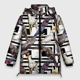 Женская зимняя куртка 3D с принтом Попугаи какаду в Новосибирске, верх — 100% полиэстер; подкладка — 100% полиэстер; утеплитель — 100% полиэстер | длина ниже бедра, силуэт Оверсайз. Есть воротник-стойка, отстегивающийся капюшон и ветрозащитная планка. 

Боковые карманы с листочкой на кнопках и внутренний карман на молнии | birds | bri | cockatoo | exotic | jungle | palm | parrots | tropical | акварель | геометрический | графика | джунгли | иллюстрация | картинка | мода | молодежная | орнамент | пальмы | попугаи | птицы | рисунок | стиль