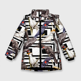 Зимняя куртка для девочек 3D с принтом Попугаи какаду в Новосибирске, ткань верха — 100% полиэстер; подклад — 100% полиэстер, утеплитель — 100% полиэстер. | длина ниже бедра, удлиненная спинка, воротник стойка и отстегивающийся капюшон. Есть боковые карманы с листочкой на кнопках, утяжки по низу изделия и внутренний карман на молнии. 

Предусмотрены светоотражающий принт на спинке, радужный светоотражающий элемент на пуллере молнии и на резинке для утяжки. | Тематика изображения на принте: birds | bri | cockatoo | exotic | jungle | palm | parrots | tropical | акварель | геометрический | графика | джунгли | иллюстрация | картинка | мода | молодежная | орнамент | пальмы | попугаи | птицы | рисунок | стиль