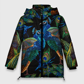 Женская зимняя куртка 3D с принтом Павлины в Новосибирске, верх — 100% полиэстер; подкладка — 100% полиэстер; утеплитель — 100% полиэстер | длина ниже бедра, силуэт Оверсайз. Есть воротник-стойка, отстегивающийся капюшон и ветрозащитная планка. 

Боковые карманы с листочкой на кнопках и внутренний карман на молнии | birds | exotic | jungle | pal | peacocks | tropical | акварель | ветки | вышивка | геометрический | графика | джунгли | иллюстрация | картинка | мода | молодежная | орнамент | павлины | пальмы | перья | птицы | рисунок
