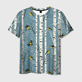 Мужская футболка 3D с принтом Синички на берёзах в Новосибирске, 100% полиэфир | прямой крой, круглый вырез горловины, длина до линии бедер | bir | birds | branches | fly | sit | tits | акварель | берёзы | ветки | графика | зима | идёт | иллюстрация | картинка | кузнечик | летят | мода | молодежная | мороз | новый год | птицы | рисунок | рождество | сидят | синий