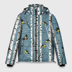 Мужская зимняя куртка 3D с принтом Синички на берёзах в Новосибирске, верх — 100% полиэстер; подкладка — 100% полиэстер; утеплитель — 100% полиэстер | длина ниже бедра, свободный силуэт Оверсайз. Есть воротник-стойка, отстегивающийся капюшон и ветрозащитная планка. 

Боковые карманы с листочкой на кнопках и внутренний карман на молнии. | bir | birds | branches | fly | sit | tits | акварель | берёзы | ветки | графика | зима | идёт | иллюстрация | картинка | кузнечик | летят | мода | молодежная | мороз | новый год | птицы | рисунок | рождество | сидят | синий