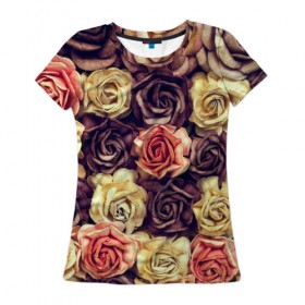 Женская футболка 3D с принтом Шоколадные розы в Новосибирске, 100% полиэфир ( синтетическое хлопкоподобное полотно) | прямой крой, круглый вырез горловины, длина до линии бедер | бабушке | девочке | девушке | дочке | желтые цветы | женщине | маме | подруге | природа | розовые цветы | розы | сестре | теще | тюльпаны | цветы