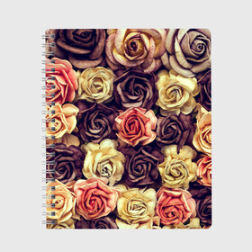 Тетрадь с принтом Шоколадные розы в Новосибирске, 100% бумага | 48 листов, плотность листов — 60 г/м2, плотность картонной обложки — 250 г/м2. Листы скреплены сбоку удобной пружинной спиралью. Уголки страниц и обложки скругленные. Цвет линий — светло-серый
 | Тематика изображения на принте: бабушке | девочке | девушке | дочке | желтые цветы | женщине | маме | подруге | природа | розовые цветы | розы | сестре | теще | тюльпаны | цветы