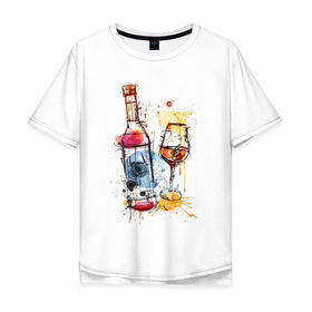 Мужская футболка хлопок Oversize с принтом Винишко арт в Новосибирске, 100% хлопок | свободный крой, круглый ворот, “спинка” длиннее передней части | акварель | бокал | бутылка | вино | винцо | грусть | краски | одна