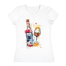 Женская футболка хлопок с принтом Винишко арт в Новосибирске, 100% хлопок | прямой крой, круглый вырез горловины, длина до линии бедер, слегка спущенное плечо | акварель | бокал | бутылка | вино | винцо | грусть | краски | одна