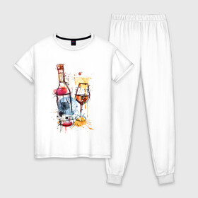 Женская пижама хлопок с принтом Винишко арт в Новосибирске, 100% хлопок | брюки и футболка прямого кроя, без карманов, на брюках мягкая резинка на поясе и по низу штанин | акварель | бокал | бутылка | вино | винцо | грусть | краски | одна