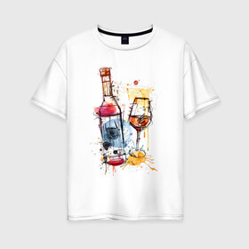 Женская футболка хлопок Oversize с принтом Винишко арт в Новосибирске, 100% хлопок | свободный крой, круглый ворот, спущенный рукав, длина до линии бедер
 | акварель | бокал | бутылка | вино | винцо | грусть | краски | одна