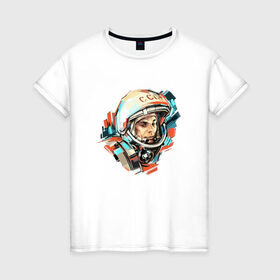 Женская футболка хлопок с принтом Гагарин в Новосибирске, 100% хлопок | прямой крой, круглый вырез горловины, длина до линии бедер, слегка спущенное плечо | 12 апреля | астронавт | вселенная | день космонавтики | звезды | космонавт | космос | луна | планета | поехали | полет | ссср | юрий