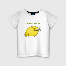 Детская футболка хлопок с принтом Chamelemon в Новосибирске, 100% хлопок | круглый вырез горловины, полуприлегающий силуэт, длина до линии бедер | веточка | желтый | животные | земноводное | зоопарк | игра слов | кислый | лайм | лимон | лимончик | овощ | природа | фрукт | хамелеон | яркий