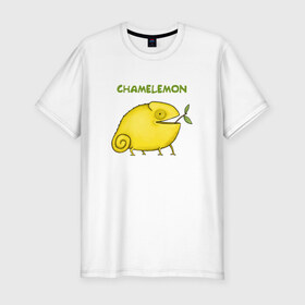 Мужская футболка премиум с принтом Chamelemon в Новосибирске, 92% хлопок, 8% лайкра | приталенный силуэт, круглый вырез ворота, длина до линии бедра, короткий рукав | веточка | желтый | животные | земноводное | зоопарк | игра слов | кислый | лайм | лимон | лимончик | овощ | природа | фрукт | хамелеон | яркий