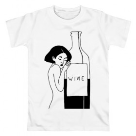 Мужская футболка хлопок с принтом Девушка с бутылкой вина в Новосибирске, 100% хлопок | прямой крой, круглый вырез горловины, длина до линии бедер, слегка спущенное плечо. | Тематика изображения на принте: белое | бутылка | вино | винцо | женщина | красное | обнимает | сухое