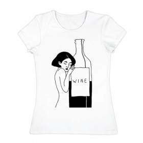 Женская футболка хлопок с принтом Девушка с бутылкой вина в Новосибирске, 100% хлопок | прямой крой, круглый вырез горловины, длина до линии бедер, слегка спущенное плечо | белое | бутылка | вино | винцо | женщина | красное | обнимает | сухое