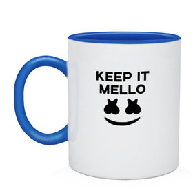 Кружка двухцветная с принтом KEEP IT MELLO (Marshmello) в Новосибирске, керамика | объем — 330 мл, диаметр — 80 мм. Цветная ручка и кайма сверху, в некоторых цветах — вся внутренняя часть | Тематика изображения на принте: christopher comstock | dj | keep it mello | marshmello | mello | music | диджей | клубная музыка | клубняк | крис комсток | логотип | маршмеллоу | музыка