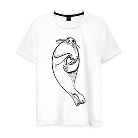 Мужская футболка хлопок с принтом Нерпа Нина с Байкалом в Новосибирске, 100% хлопок | прямой крой, круглый вырез горловины, длина до линии бедер, слегка спущенное плечо. | baikal | irkutsk | байкал | иркутск | нерпа