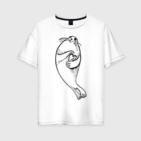 Женская футболка хлопок Oversize с принтом Нерпа Нина с Байкалом в Новосибирске, 100% хлопок | свободный крой, круглый ворот, спущенный рукав, длина до линии бедер
 | baikal | irkutsk | байкал | иркутск | нерпа
