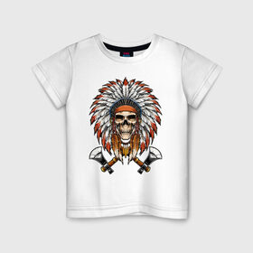 Детская футболка хлопок с принтом Индейский череп с топорами в Новосибирске, 100% хлопок | круглый вырез горловины, полуприлегающий силуэт, длина до линии бедер | Тематика изображения на принте: индейцы | куп | орёл | перья | роуч | скелет | томагавк | топор