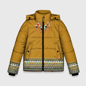 Зимняя куртка для мальчиков 3D с принтом индейское национальное платье в Новосибирске, ткань верха — 100% полиэстер; подклад — 100% полиэстер, утеплитель — 100% полиэстер | длина ниже бедра, удлиненная спинка, воротник стойка и отстегивающийся капюшон. Есть боковые карманы с листочкой на кнопках, утяжки по низу изделия и внутренний карман на молнии. 

Предусмотрены светоотражающий принт на спинке, радужный светоотражающий элемент на пуллере молнии и на резинке для утяжки | Тематика изображения на принте: ethno | indians | native american | ttibal | америка | индейцы | трибал | узор. орнамент | этника