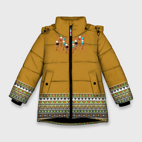 Зимняя куртка для девочек 3D с принтом индейское национальное платье в Новосибирске, ткань верха — 100% полиэстер; подклад — 100% полиэстер, утеплитель — 100% полиэстер. | длина ниже бедра, удлиненная спинка, воротник стойка и отстегивающийся капюшон. Есть боковые карманы с листочкой на кнопках, утяжки по низу изделия и внутренний карман на молнии. 

Предусмотрены светоотражающий принт на спинке, радужный светоотражающий элемент на пуллере молнии и на резинке для утяжки. | Тематика изображения на принте: ethno | indians | native american | ttibal | америка | индейцы | трибал | узор. орнамент | этника