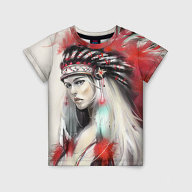 Детская футболка 3D с принтом Индейская девушка в Новосибирске, 100% гипоаллергенный полиэфир | прямой крой, круглый вырез горловины, длина до линии бедер, чуть спущенное плечо, ткань немного тянется | Тематика изображения на принте: африка | индейцы | куп | перо | перья | этно