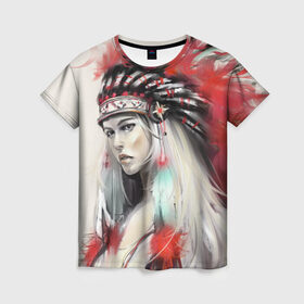 Женская футболка 3D с принтом Индейская девушка в Новосибирске, 100% полиэфир ( синтетическое хлопкоподобное полотно) | прямой крой, круглый вырез горловины, длина до линии бедер | африка | индейцы | куп | перо | перья | этно