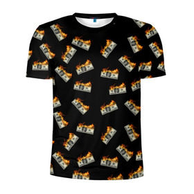 Мужская футболка 3D спортивная с принтом Горящие баксы в Новосибирске, 100% полиэстер с улучшенными характеристиками | приталенный силуэт, круглая горловина, широкие плечи, сужается к линии бедра | банкноты | валюта | деньги | доллар | купюра | огонь | пламя | улица | финансы
