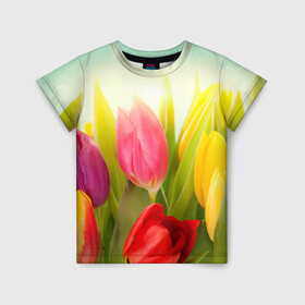 Детская футболка 3D с принтом Тюльпаны в Новосибирске, 100% гипоаллергенный полиэфир | прямой крой, круглый вырез горловины, длина до линии бедер, чуть спущенное плечо, ткань немного тянется | бабушке | девочке | девушке | дочке | желтые цветы | женщине | маме | подруге | природа | розовые цветы | розы | сестре | теще | тюльпаны | цветы