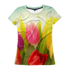 Женская футболка 3D с принтом Тюльпаны в Новосибирске, 100% полиэфир ( синтетическое хлопкоподобное полотно) | прямой крой, круглый вырез горловины, длина до линии бедер | бабушке | девочке | девушке | дочке | желтые цветы | женщине | маме | подруге | природа | розовые цветы | розы | сестре | теще | тюльпаны | цветы