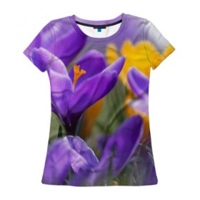 Женская футболка 3D с принтом Фиолетовые цветы в Новосибирске, 100% полиэфир ( синтетическое хлопкоподобное полотно) | прямой крой, круглый вырез горловины, длина до линии бедер | бабушке | девочке | девушке | дочке | желтые цветы | женщине | маме | подруге | природа | розовые цветы | розы | сестре | теще | тюльпаны | цветы