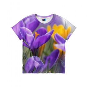Детская футболка 3D с принтом Фиолетовые цветы в Новосибирске, 100% гипоаллергенный полиэфир | прямой крой, круглый вырез горловины, длина до линии бедер, чуть спущенное плечо, ткань немного тянется | бабушке | девочке | девушке | дочке | желтые цветы | женщине | маме | подруге | природа | розовые цветы | розы | сестре | теще | тюльпаны | цветы