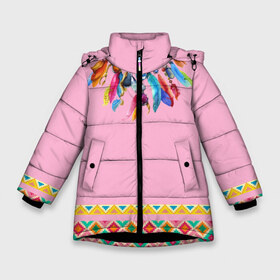 Зимняя куртка для девочек 3D с принтом индейское платье в Новосибирске, ткань верха — 100% полиэстер; подклад — 100% полиэстер, утеплитель — 100% полиэстер. | длина ниже бедра, удлиненная спинка, воротник стойка и отстегивающийся капюшон. Есть боковые карманы с листочкой на кнопках, утяжки по низу изделия и внутренний карман на молнии. 

Предусмотрены светоотражающий принт на спинке, радужный светоотражающий элемент на пуллере молнии и на резинке для утяжки. | Тематика изображения на принте: boho | ethno | indians | native american | ttibal | америка | бохо | индейцы | орнамент | перья | трибал | узор | этника