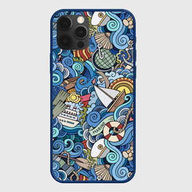 Чехол для iPhone 12 Pro с принтом Морской коллаж в Новосибирске, силикон | область печати: задняя сторона чехла, без боковых панелей | mari | весло | волны | галька | графика | детский | иллюстрация | канат | карта | картинка | коллаж | компас | корабль | маяк | мода | море | морской | облако | океан | птица | рисунок | рыбы | солнце | стиль