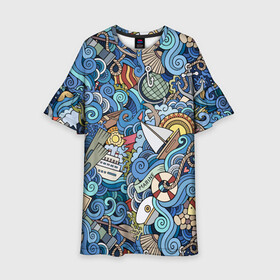 Детское платье 3D с принтом Морской коллаж в Новосибирске, 100% полиэстер | прямой силуэт, чуть расширенный к низу. Круглая горловина, на рукавах — воланы | mari | весло | волны | галька | графика | детский | иллюстрация | канат | карта | картинка | коллаж | компас | корабль | маяк | мода | море | морской | облако | океан | птица | рисунок | рыбы | солнце | стиль