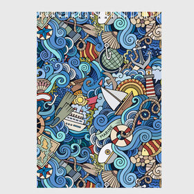 Скетчбук с принтом Морской коллаж в Новосибирске, 100% бумага
 | 48 листов, плотность листов — 100 г/м2, плотность картонной обложки — 250 г/м2. Листы скреплены сверху удобной пружинной спиралью | mari | весло | волны | галька | графика | детский | иллюстрация | канат | карта | картинка | коллаж | компас | корабль | маяк | мода | море | морской | облако | океан | птица | рисунок | рыбы | солнце | стиль