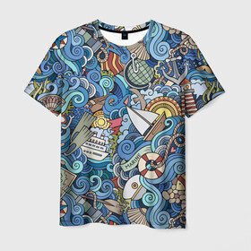 Мужская футболка 3D с принтом Морской коллаж в Новосибирске, 100% полиэфир | прямой крой, круглый вырез горловины, длина до линии бедер | mari | весло | волны | галька | графика | детский | иллюстрация | канат | карта | картинка | коллаж | компас | корабль | маяк | мода | море | морской | облако | океан | птица | рисунок | рыбы | солнце | стиль