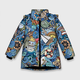 Зимняя куртка для девочек 3D с принтом Морской коллаж в Новосибирске, ткань верха — 100% полиэстер; подклад — 100% полиэстер, утеплитель — 100% полиэстер. | длина ниже бедра, удлиненная спинка, воротник стойка и отстегивающийся капюшон. Есть боковые карманы с листочкой на кнопках, утяжки по низу изделия и внутренний карман на молнии. 

Предусмотрены светоотражающий принт на спинке, радужный светоотражающий элемент на пуллере молнии и на резинке для утяжки. | Тематика изображения на принте: mari | весло | волны | галька | графика | детский | иллюстрация | канат | карта | картинка | коллаж | компас | корабль | маяк | мода | море | морской | облако | океан | птица | рисунок | рыбы | солнце | стиль