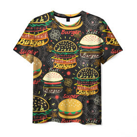 Мужская футболка 3D с принтом Гамбургеры в Новосибирске, 100% полиэфир | прямой крой, круглый вырез горловины, длина до линии бедер | Тематика изображения на принте: hamburgers | sandwic | булочка | бутерброды | быстрая | гамбургер | гамбургеры | геометрический | графика | еда | зелень | иллюстрация | картинка | кунжут | мода | мясо | надпись | орнамент | рисунок | свежий