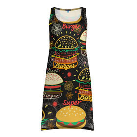 Платье-майка 3D с принтом Гамбургеры в Новосибирске, 100% полиэстер | полуприлегающий силуэт, широкие бретели, круглый вырез горловины, удлиненный подол сзади. | hamburgers | sandwic | булочка | бутерброды | быстрая | гамбургер | гамбургеры | геометрический | графика | еда | зелень | иллюстрация | картинка | кунжут | мода | мясо | надпись | орнамент | рисунок | свежий