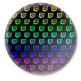 Значок с принтом Twitch в Новосибирске,  металл | круглая форма, металлическая застежка в виде булавки | game | gamer | logo | twitch | twitties | градиент | игры | логотип | стрим | твитч | текстура