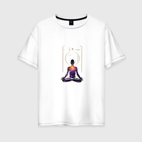 Женская футболка хлопок Oversize с принтом Медитация и стирка в Новосибирске, 100% хлопок | свободный крой, круглый ворот, спущенный рукав, длина до линии бедер
 | время | вселенная | гармония | грязное бельё | дисциплина | духовная геометрия | звёзды | здоровье | космос | оптимист | сайтама | спортивное тело | стиралка