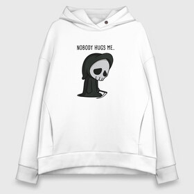 Женское худи Oversize хлопок с принтом Nobody Hugs Me в Новосибирске, френч-терри — 70% хлопок, 30% полиэстер. Мягкий теплый начес внутри —100% хлопок | боковые карманы, эластичные манжеты и нижняя кромка, капюшон на магнитной кнопке | Тематика изображения на принте: грусть | коса | милый | мимими | обнимашки | объятие | печаль | скелет | уныние | череп