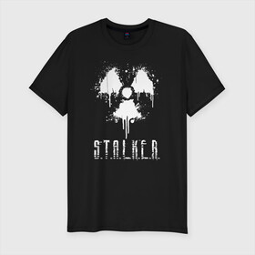 Мужская футболка хлопок Slim с принтом S.T.A.L.K.E.R. в Новосибирске, 92% хлопок, 8% лайкра | приталенный силуэт, круглый вырез ворота, длина до линии бедра, короткий рукав | anomaly | bandit | chernobyl | logo | pripyat | shadow of chernobyl | stalker | stalker 2 | zone | аномалия | бандиты | зона | лого | меченый | припять | сталкер | сталкер 2 | тени чернобыля | чернобыль | чистое небо